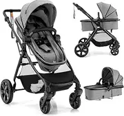 BABY JOY High Landscape Baby Stroller, 2 in 1 Convertible Baby Pram Jogger with Adjustable Canopy & Backrest, Anti-Shock Toddler Folding Pushchair with Storage Basket & Aluminium Frame, Portable Baby Prams and Strollers for 6-36 Months (Grey)