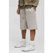 Mens Stone Oversized Worldwide Applique Drop Crotch Shorts