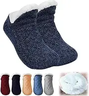 [TANOOS] Indoor Non-Slip Thermal Socks, V-Mouth Fluffy Slipper Socks, 2023 New Indoor Floor Non-Slip Thermal Socks, Woven and Velvet Indoor Socks Slippers-Deep Blue