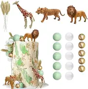 Realistic Safari Jungle Animal Cake Toppers with Balls Cake Decorations for Wild Themed Birthday Baby Shower Party Supplies (Green white)