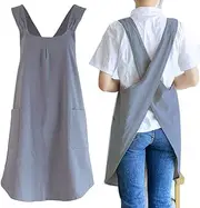 Japanese Linen Cross Back Kitchen Cooking Aprons for Women with Pockets Cute for Baking Painting Gardening Cleaning Gray