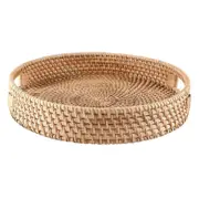 Round Rattan Serving Tray Decorative Woven Ottoman Trays with Handles for Coffee Table Natural(Small) Wood Color