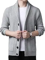 [SWJGLITTR] Men's Buttons Down Cable Knit Sweater Casual Shawl Collar Cardigan Cardigan Sweater Pockets Jackets for Men, Light Gray, X-Large
