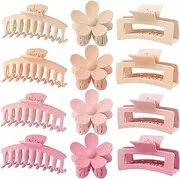 Large Hair Claw Clips 12 Pack, Flower Hair Clips for Thin Hair, Big Square Matte Strong hold for Thick Hair, 3 Styles Hair Clips for Women Thick Hair Pink Colors
