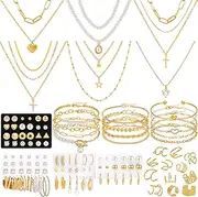 [NEWITIN] 120 Pieces Gold Jewelry Set for Women Fashion Costume Jewelry Gold Plated Necklace Bracelet Ear Cuff Earrings Set for Women
