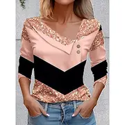 Women's T Shirt Graphic Geometric Vintage Stylish Basic Long Sleeve Asymmetric Neck Regular Tops Daily Going out Weekend Buttons Pink Blue Purple Green Summer