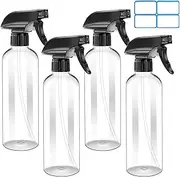 4 Pack 16oz Plastic Spray Bottle, Empty Spray Bottles Clear and Refillable Container with Labels & Adjustable Nozzle for Water, Essential Oils, Hair, Cleaning Products, Plants, Pet, BBQ