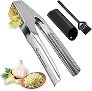 Garlic Press Stainless Steel - Garlic Mincer Tool - Garlic Crusher Stainless Steel - Garlic Slicer - 7.34 Oz, Inox 304, Larger Capacity - Enhanced Design, No Peeling, Easy to Clean with Included Gift