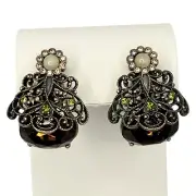 Hobe Crystal Filagree Clip On Earrings 2" Signed Legendary Splendor Jewels