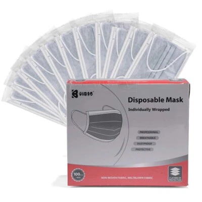 100 Pcs Gray Disposable Face Mask Individually Wrapped 3-Ply Premium Masks