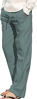 [Generic] Men's Loose Linen Pajamas Pants Casual Lightweight Elastic Waist Yoga Pant Relaxed Open Button Mens Beach Trousers, Green 1, Small