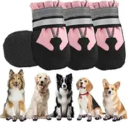 4 PCS Dog Boots Paw Protector,Waterproof Dog Shoes with Reflective Straps,Adjustable Washable Non-Slip Dog Shoes,Dog Boots for Injured Paws, Outdoor Walking Boots (Pink, S)