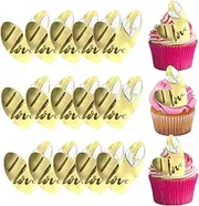 mdgfge Valentine's Day Love Heart Acrylic Cupcake Toppers, Cake Disc Mirror Acrylic Cupcake Topper Heart-shape Cake Decoration Engraved Cake Toppers for Wedding Anniversary Party Supplies (15 Pcs)
