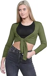 [Janisramone] Womens New Plain Bolero Front Tie Shrug Ladies Cropped Long Sleeve Stretch Cardigan Top Khaki