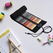 12-72 Holes Black Canvas Pencil Wrap Roll Up Case, Versatile Pen Holder Bag for Colored Pencils, Drawing Pens, and Brushes; Ideal for Students and Adults, Black, 36 holes, Cute Soft Warm
