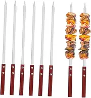 6Pcs Stainless Steel Flat Barbecue Skewers for Grilling Long High Temperature Resistant Metal Kabob Skewers with Comfortable Wooden Handles for Safe and Easy Cooking