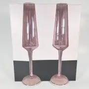 Pair of RACHEL ZOE Champagne Flute Glasses Geometric Shape Pink Long Stem NEW