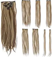 SWACC Women 22 Inches Straight Full Head 7 Separate Pieces Heat Resistance Synthetic Hair Clip in Hair Extensions (Light Brown/Beige Highlights-10H24B#)