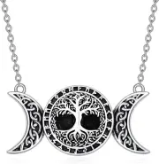Tree of Life Necklace 925 Sterling Silver Triple Moon Pendant Pagan Wiccan Gifts