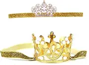 [Nishine] 2 pieces Baby Girls Crown Headband Princess Tiara Headdress Set Toddler Elastic Head Band (Gold)