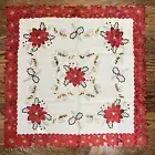 Burlap Table Cloth Square Christmas NEW Poinsettia Holly Berries Gold Trim 34x34