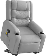 vidaXL Electric Recliner Chair – Light Grey Fabric Stand-Up Power Lift and Massage Armchair, Cup Holders, USB Connection, 135° Tilt