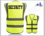 Security Safety Vest High Visibility YELLOW Reflective Strips w/pockets BK text