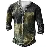 Men's Faux Patchwork Pattern T Shirt Henley Shirt Tee Long Sleeve Vintage Designer Stylish Outdoor Daily Sports Spring Summer Brown Green Red Henley Henley T-