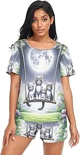 [RPLIFE] Cute Cats Flowers Sleepwear for Women Shorts Set, Matching Lounge Sets Women, Cute Cats Flowers, Small