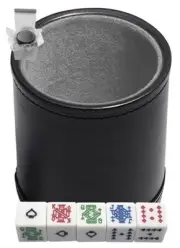 16mm White Poker Dice Spades Ace + Black PU Leather Dice Cup Grey Felt Lined NIB