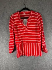 Splendid Top Women Small Red V Neck Striped Nautical Roll Tab Sleeve NWT