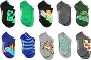 [Minecraft] No Show Socks for Boys - 10 Pair Multi Pack - Steve, Alex, Creeper, Zombie - Toddler Shoe Size 7-10, Multicolor