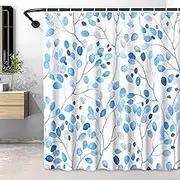 Blue Shower Curtains for Bathroom, Watercolor Leaf Washable Floral Shower Curtain, Bathroom Decor Polyester Waterproof Curtain with Hooks,72 x 72 Inches