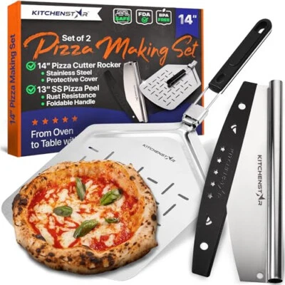14" Pizza Making Kit (Set of 2) - 14" Pizza Cutter Rocker Knife with Blade Cover