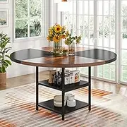 Tribesigns 47 inch Round Dining Table for 4, Wood Kitchen Table Large Dinner Table with Storage Shelf Metal Legs for Home Dining Room Living Room, Black Rustic Brown
