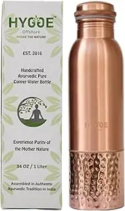 HYGGE 34 Oz Pure Copper Water Bottle – Ayurvedic Copper Vessel – Leak-Proof, Half Hammered Design – Promote Health & Hydration – Eco-Friendly Drinkware