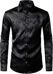 [ZEROYAA] Men's Shiny Satin Rose Floral Jacquard Long Sleeve Button Up Dress Shirts for Party Prom