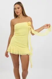 Yellow Strapless Dress Mini Frill Hem Mesh - Size 16XL, Women's Skater Dress