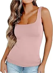 [Generic] Summer Slim Fit Tank Tops for Women Hot Girl Sleeveless Square Neck Top Stretchy Camisette Soft Comfortable Yoga Tops