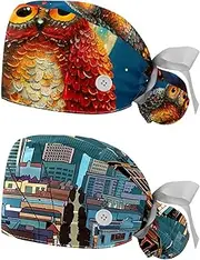 [YTYVAGT] 2-Pc,Nurse Scrub Caps,Scrub Hats with Buttons and Cotton Sweatband,Branch Night Owl Moon