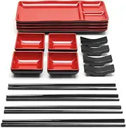 Sushi Serving Set, Melamine Sushi Serving Set for 4 with 4 Japanese Sushi Serving Plate, 4 Soy Sauce Dish, 4 Pairs of Chopsticks and 4 Chopsticks Stands- Melamine Serving Set for Sushi (Red)
