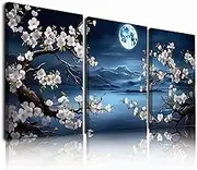 YokiMino Dreamlike Cherry Blossom Moon Ocean Canvas Wall Art Set of 3 - Japanese Aesthetics Floral Landscape Art Print for Living Room, Bedroom, Bathroom, Office
