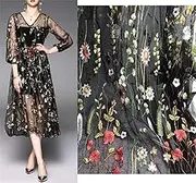 51" Width Exquisite Floral Flower Embroidery Mesh Lace Fabric Sewing Lace Trim Fabrics for DIY Wedding Dress Craft Home Decor (2 Yard(one Piece), Black)