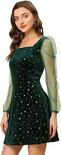 [Allegra K] Women's Halloween Mesh Sheer Sleeve Sparkly Party Glitter Star Metallic Velvet Dress