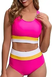 [Dipinon] Women's High Waisted Bikini Sets Two Piece Swimsuit Color Block Sporty Athletic Moderate Coverage Bathing Suits