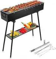 [IRONWALLS] Portable Charcoal Grills Outdoor Cooking, Rectangular Folded Barbecue Grill 32”, Stainless Steel Lamb Skewer Grill with 25pcs Kebab Skewer & Storage Shelf for Camping, Picnic, Commercial Use