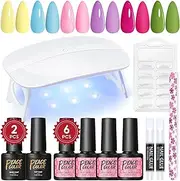 PEACECOLOR Gel Nail Polish Kit with U V Light 6 Colors Pink Yellow Green Blue Purple Glitter Soak off Gel with Base Top Coat 50Pcs Nail Tips Manicure Tools for Beginners Nail Art Designs DIY Salon
