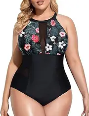 [Daci] Women Black1 Plus Size One Piece Swimsuits High Neck Plunge Mesh Cutout Monokini Swimwear 22 Plus