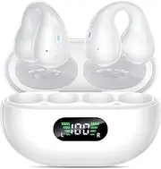 Open Ear Clip Wireless Earbuds Bluetooth 5.3, Sports Earphones Built-in Microphone with Earhooks & Ear Hook, Wireless Charging Case & Display, Waterproof Fitness Headphones for Sports,White