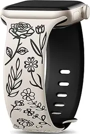 Easuny Floral Engraved Bands for Apple Watch Women 38mm 40mm 41mm 42mm 44mm 45mm 46mm, Soft Silicone Cute Dressy Wrist Strap for iWatch SE Series 10 9 8 7 6 5 4 3 Ultra, iPhone Watch Band Accessories